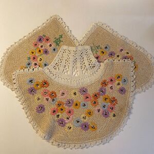 VTG Crocheted Embroidered Chair Head & Arm Cover Protectors Cotton Grannycore